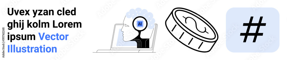 Fototapeta premium Person represents AI insight, coin for finance, metadata tag for social media. Ideal for AI technology, cryptocurrency, online branding, software development, data analysis, innovation simple