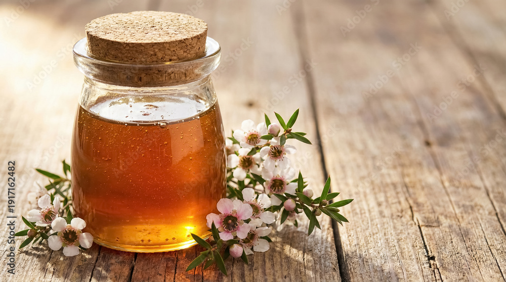 Fototapeta premium Pure manuka honey jar with cork lid and manuka blossoms on rustic wood. Natural raw honey, organic monofloral honey, close-up product view. 
