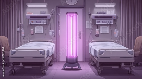 Hospital room undergoes sterilization procedure using a tall ultraviolet light emitter between two beds