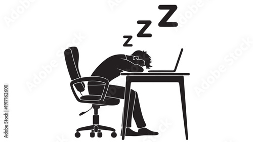 A person is sleeping on a desk with a laptop in a state of deep relaxation and fatigue at work