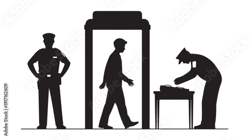 Security Check Scene with Officer, Man, and Guard at Metal Detector and Table