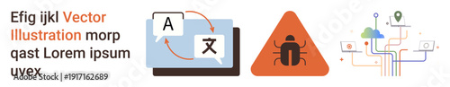 Language learning, cybersecurity alerts, software development, malware warnings, data networks, AI systems. Language translation icons, bug warning and connected network graphics. Language learning