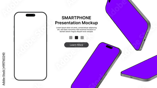 Realistic Smartphone Mockup Set – 3D Mobile Phone Front and Perspective Views Isolated on White Background for UI UX App Presentation Vector Illustration