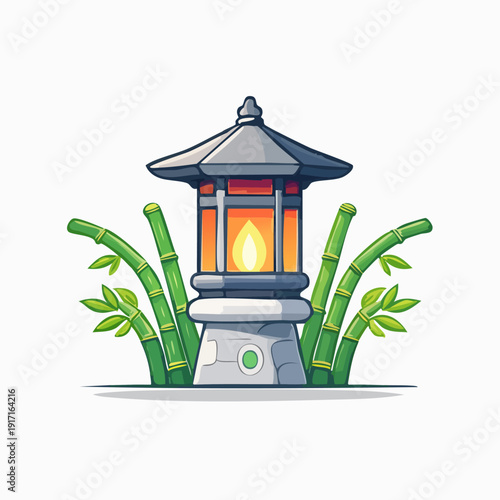 Japanese stone lantern with glowing light surrounded by green bamboo illustration.