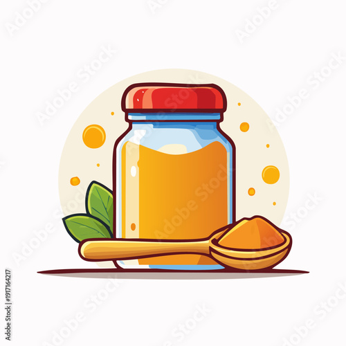 Jar of Honey with Spoon and Leaves.