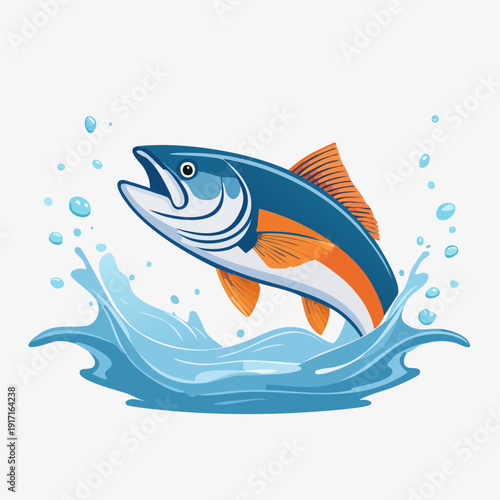 Jumping fish illustration with water splash and bubbles.
