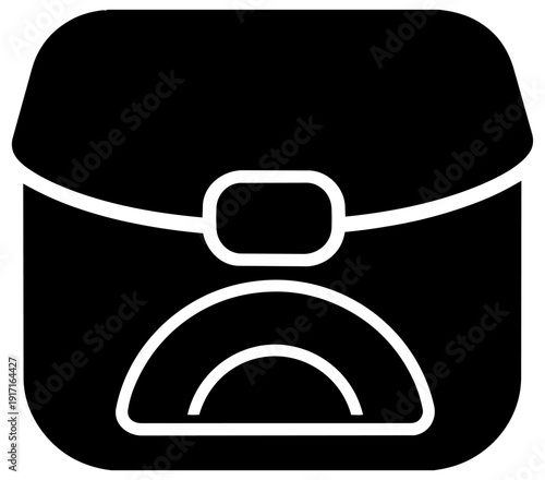 Minimalist black and white icon design representing a closed satchel or simple messenger bag suitable for app interface symbols or travel graphics