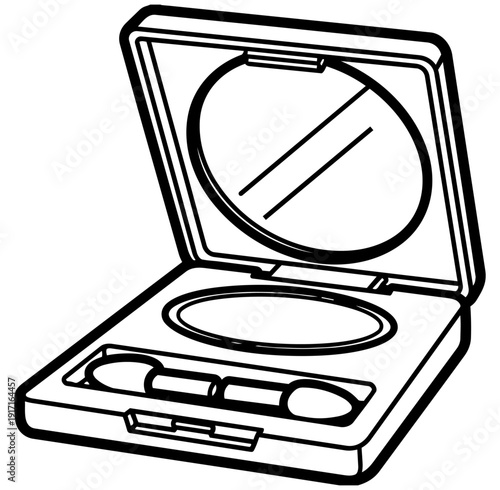 Black and white line art illustration of an open makeup compact featuring a mirror and dual-ended applicator tool ready for cosmetic application.