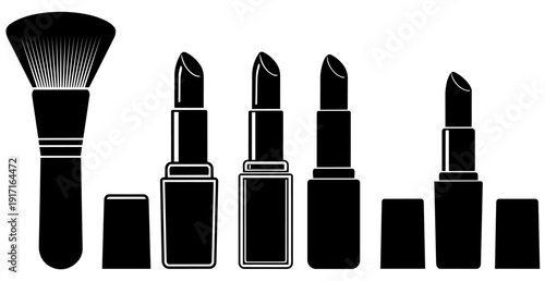 Collection of black and white cosmetic icons illustrating a makeup brush alongside various styles of open lipstick tubes ready for application.