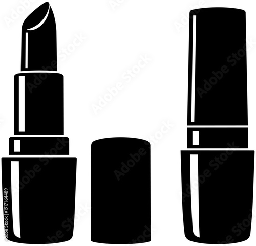 Vector graphic illustration featuring a three-piece black and white lipstick presentation showing the open product the tube and the detached cap.