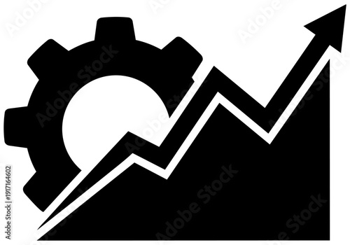 Black and white icon symbolizing industrial growth performance featuring a prominent gear mechanism overlaying an upward trending statistical arrow graph representing progress.