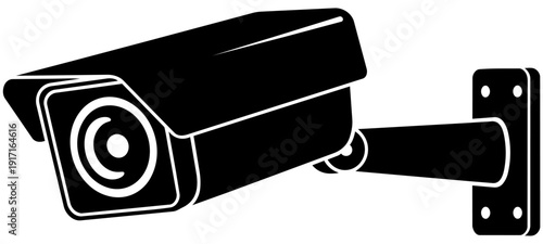 Simple black and white graphic icon depicting a surveillance security camera mounted on an exterior wall bracket for monitoring and protection.