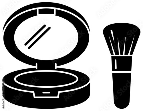 Simple black and white icon illustrating an open compact mirror alongside a small makeup brush perfect for beauty application or cosmetic tools
