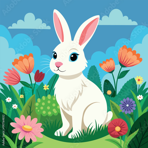 Cute White Rabbit Sitting in a Vibrant Spring Meadow with Colorful Flowers