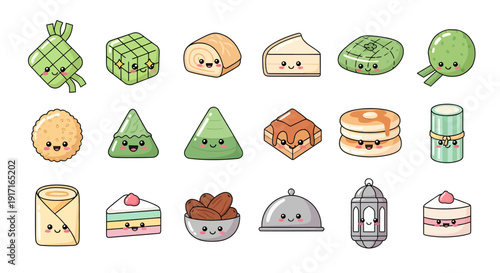 Kawaii Ramadan Food and Iftar Snacks Sticker Set, Cute Cartoon Islamic Lantern and Traditional Desserts, Indonesian Takjil and Eid Mubarak Culinary Collection, Vector Illustration Isolated on White