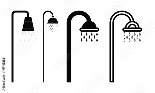 Wall Mounted Shower Pole Variations Straight Curved Spraying Water Silhouette Icons