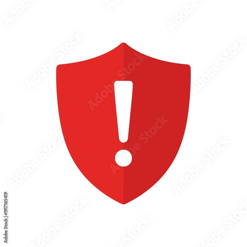 Red shield with a white exclamation mark inside, representing security, warning, or danger alert