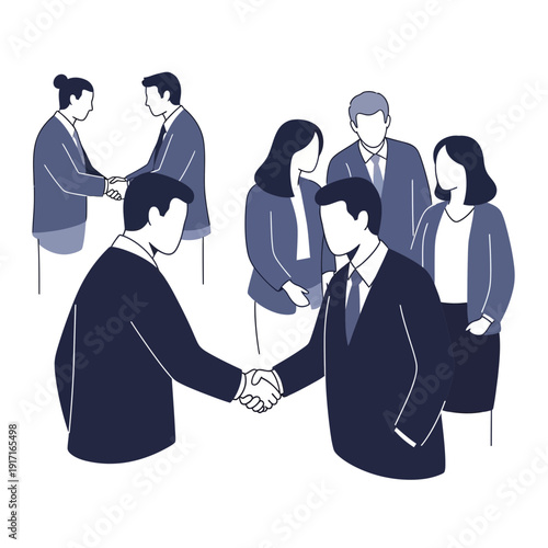 Professional business individuals engaging in handshakes and discussions, representing successful collaboration, partnership agreements, and effective communication in corporate environments