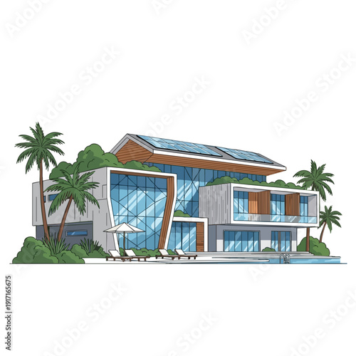 Modern luxury villa with swimming pool surrounded by tropical greenery