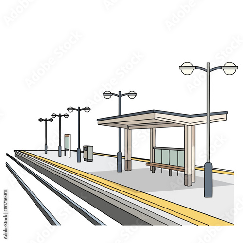 Modern Outdoor Train Station Platform with Lighting and Shelter