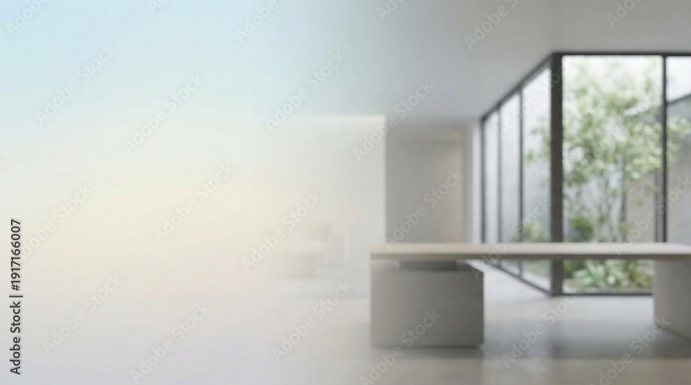 Fototapeta premium Blurred modern office interior with a large window overlooking lush greenery, creating a bright and airy workspace atmosphere.