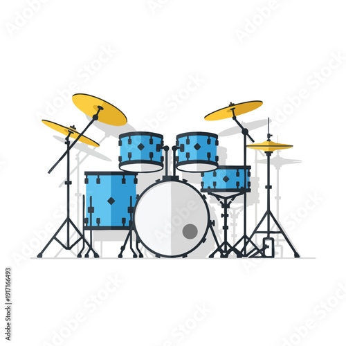 Bright Blue Drum Set with Cymbals on a White Background