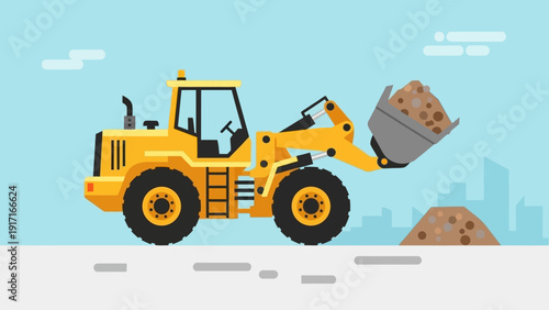 Heavy Machinery Loader Operating in Urban Construction Site with Cookie Shovel Illustration