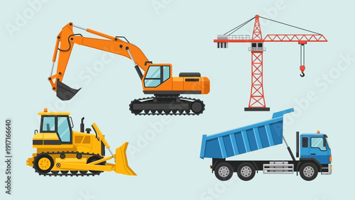 Construction site with excavator, crane, bulldozer, and dump truck in action from a top-down viewpoint