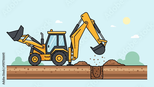 Backhoe loader digging excavation site with machinery in action outdoors