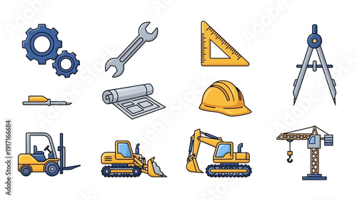 Construction site machinery and tools illustration viewed from directly above