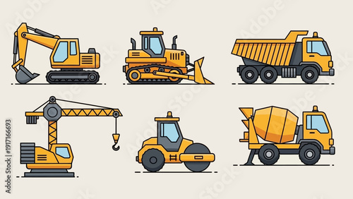 Collection of heavy machinery vehicles including excavator, bulldozer, and cement mixer on a light neutral background viewed from directly above.