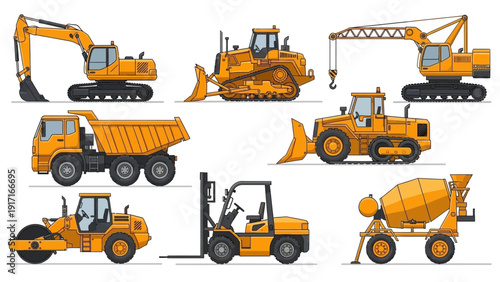Collection of heavy machinery vehicles including excavators, cranes, and forklifts on a white background, viewed from a straightforward perspective.