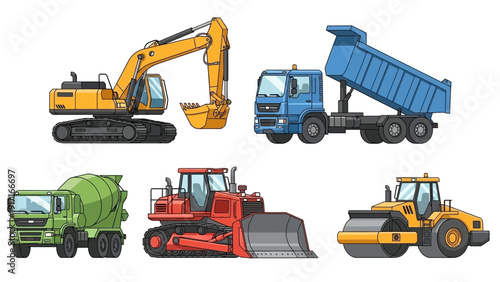 Collection of heavy machinery vehicles including excavator, dump truck, cement mixer, grader, and roller on a plain background from a direct viewpoint