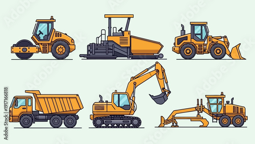 Collection of heavy machinery vehicles including excavators and bulldozers in a grid arrangement