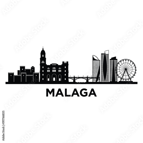 Malaga skyline illustration a black and white cityscape silhouette