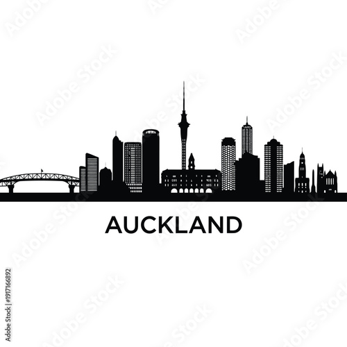 Auckland skyline silhouette illustration with city name typography below