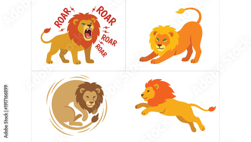 Dynamic Cartoon Lion Vector Set: Roaring, Stretching, Resting, and Jumping Big Cat Illustrations