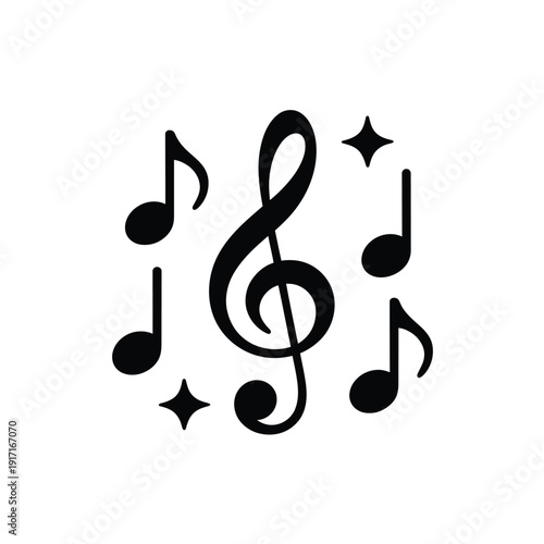 Black musical notes and treble clef with sparkling star accents