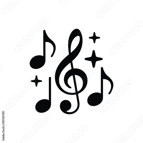 Black musical notes and clef symbol with decorative star accents