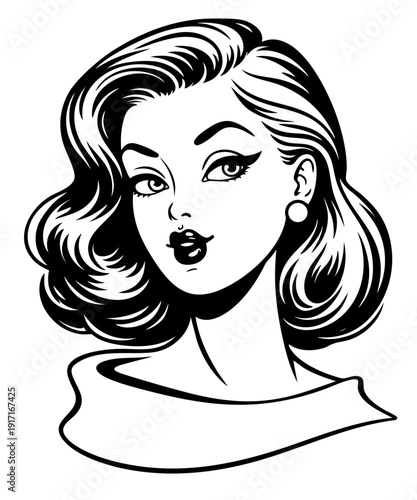 Classic Hollywood Inspired 50s Glamour Woman Portrait, Elegant American Retro Beauty with Wavy Hairstyle, Vintage Pin-Up Fashion Model Mid-Century