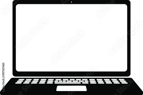 CAD drawing flat vector illustration, laptop silhouette design, digital device concept, black and white artwork, minimal tech icon, computer graphic element