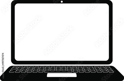 CAD drawing flat vector illustration, laptop silhouette design, digital device concept, circular keyboard layout, black and white artwork, minimal tech icon