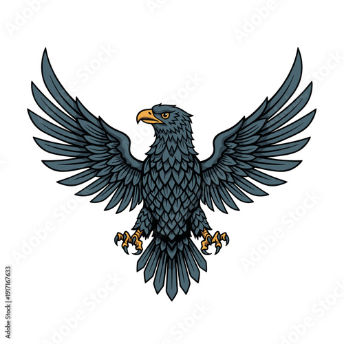 Heraldic dark grey eagle with spread wings and yellow talons and beak