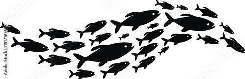 CAD drawing flat vector illustration, school of fish silhouette, marine animal design, underwater motion concept, black and white artwork, ocean nature theme