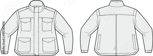 Cad drawing flat vector illustration, technical fashion sketch, jacket front and back view, garment design template, apparel construction layout