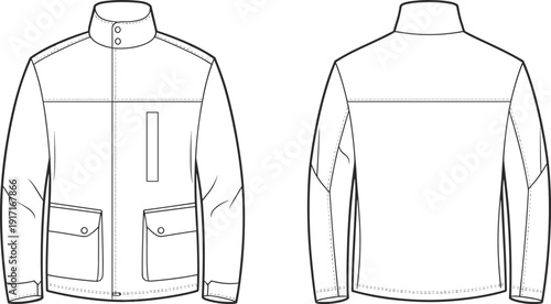 Cad drawing flat vector illustration, technical jacket sketch, fashion design template, outerwear blueprint, garment construction, coat mockup, front back view