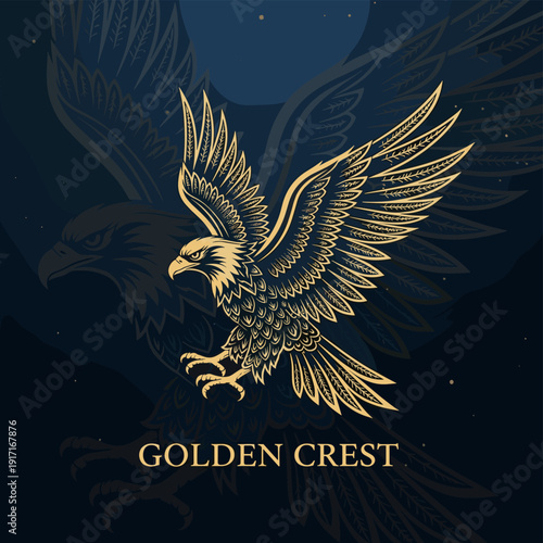 Regal golden eagle crest with spread wings on dark blue background
