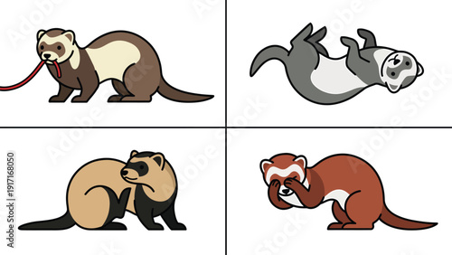 Set of Cute Cartoon Ferrets in Various Poses and Colors, Pet Mustelid Illustrations