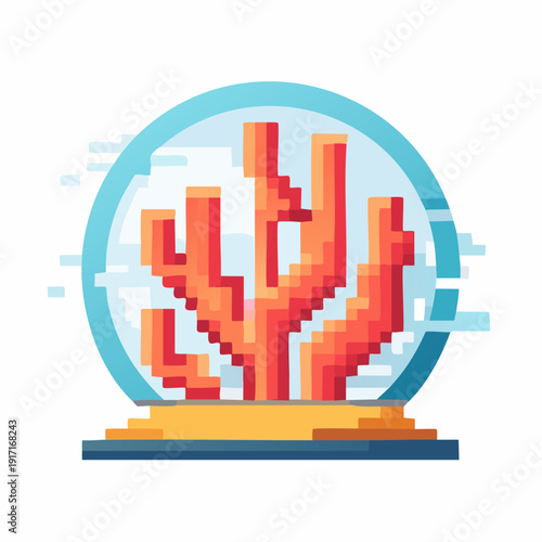 Coral reef inside a glass ball, pixel art style.