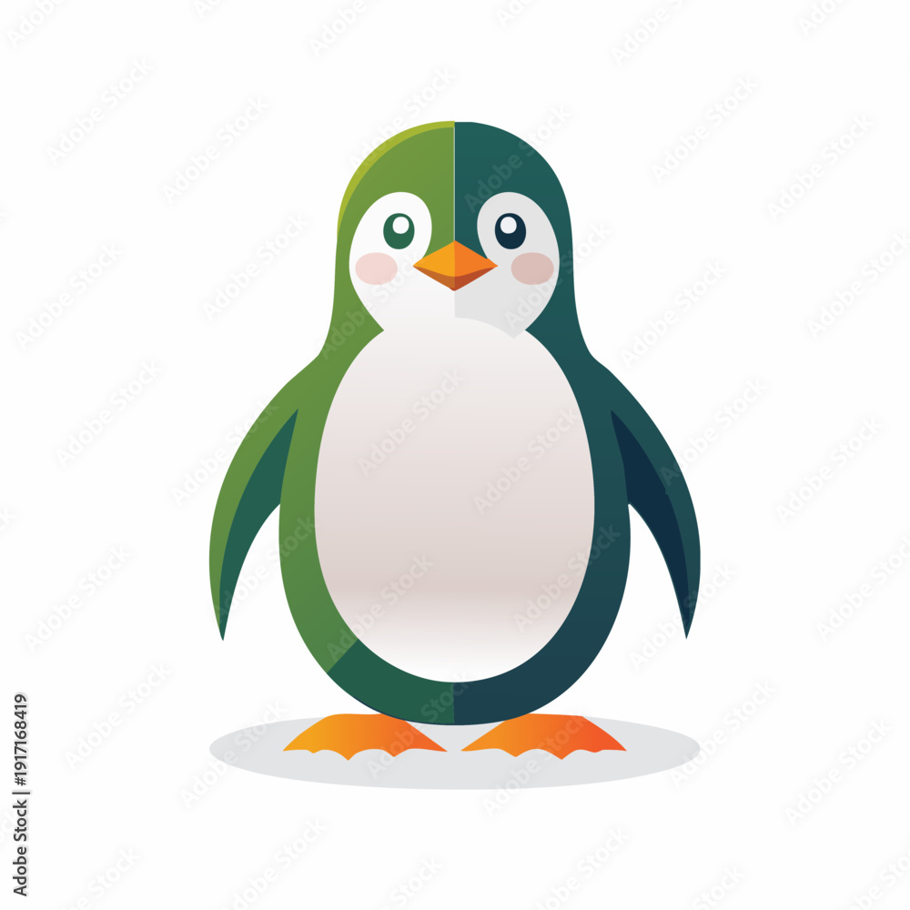 Naklejka premium Cute Cartoon Penguin Standing on Ice with Green and Blue Feathers.